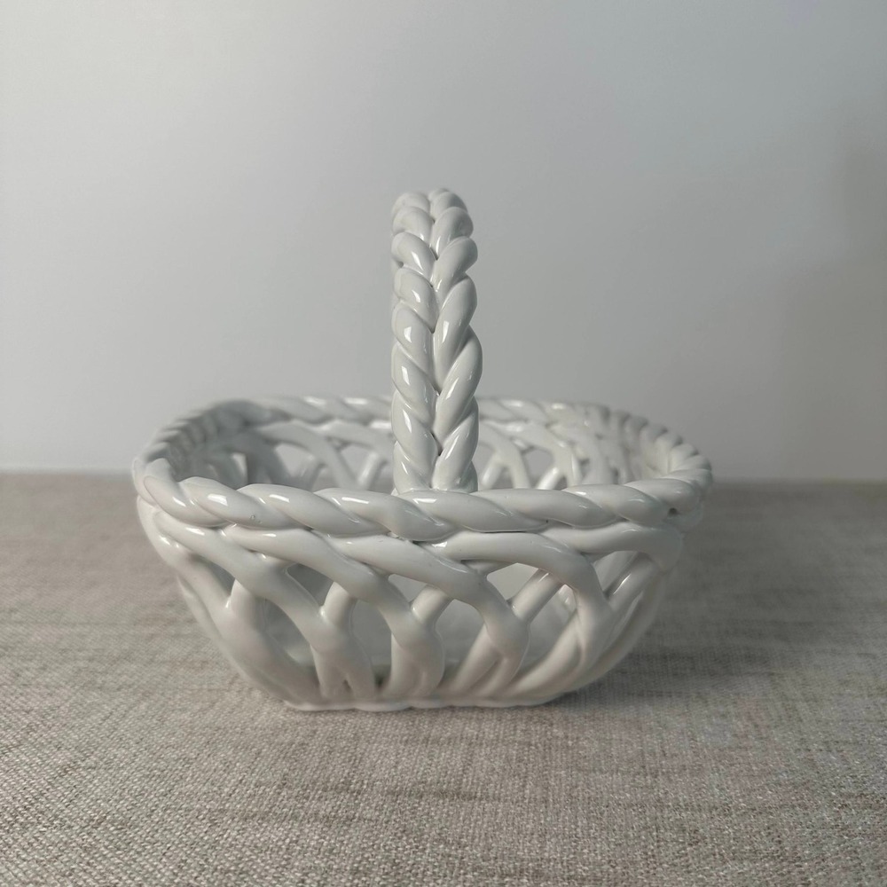 Grace's Pantry White Ceramic Hand Woven Basket Braided Handle Cottage Decor
